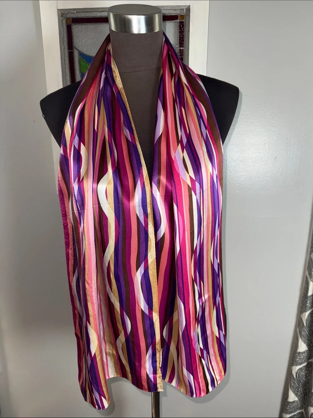 Talbots 100% Silk Wavy Stripe Oblong Scarf – Vibrant Purple & Pink